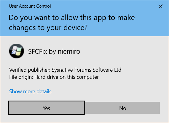 Open SFCFix and click Yes on the UAC (User Account Control) prompt which appears.